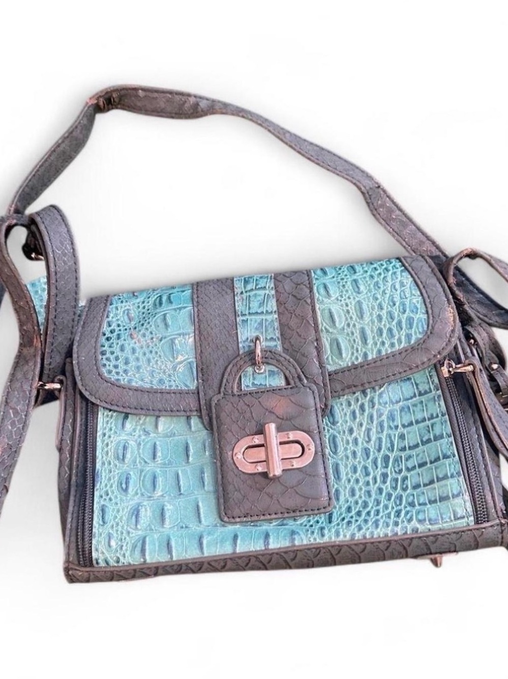 Croc-Embossed Shoulder Bag in Teal and Brown